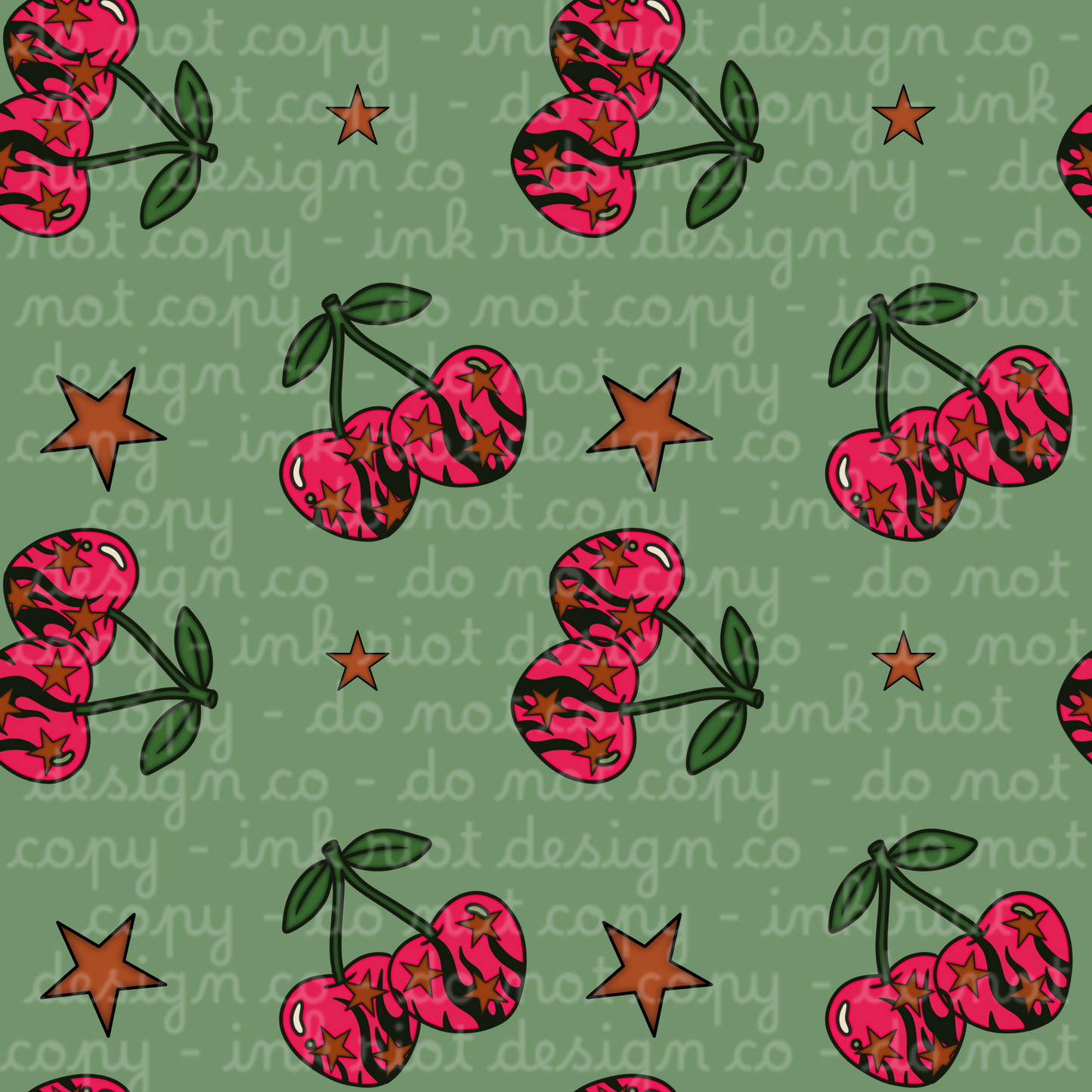 Green Cherry & Stars Seamless