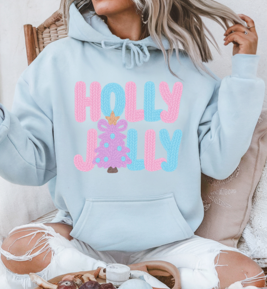 Faux Stitch Pink & Blue Holly Jolly