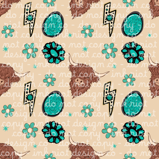 Turquoise & Highland Cow Seamless