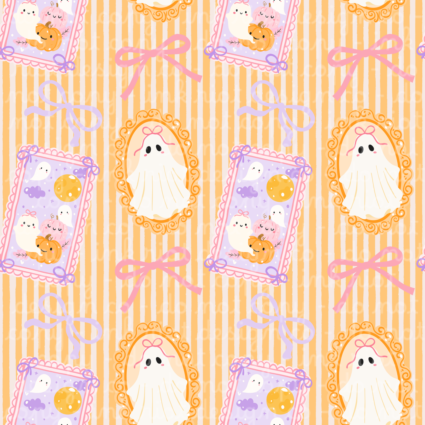 Orange Ghosts & Bows Stripes Seamless